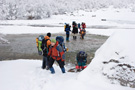 Crossing the stream on the way to Ljubokuća couloir